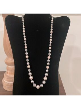Vintage Graduated Gray Ivory Faux Pearl Knotted Necklace Sterling Silver Clasp